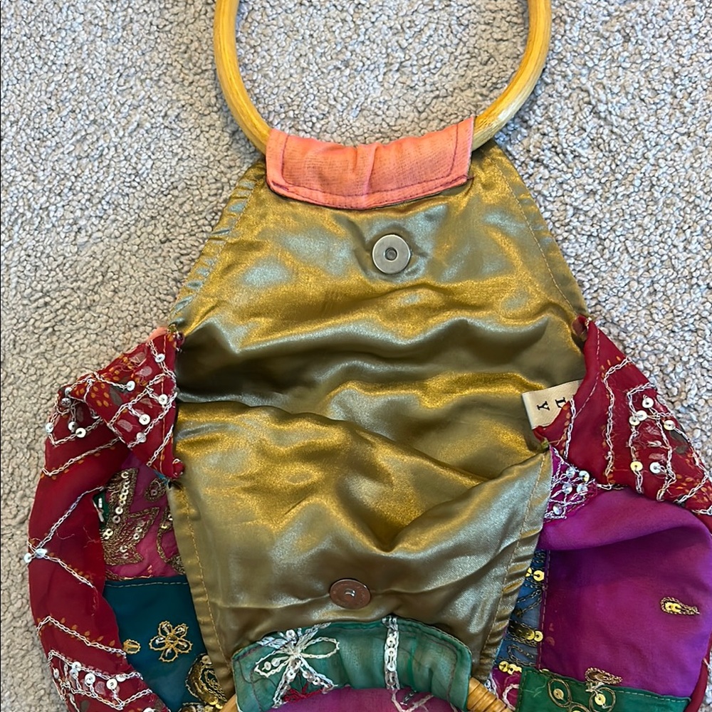 Patchwork Handbag With Wooden Handles - image 4